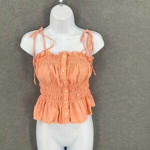 Universal‎ Thread Smocked Tie Strap Tank Top Peach Linen Blend Milkmaid Blouse